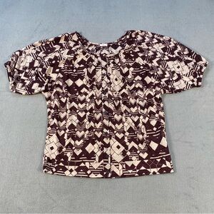 Jili Women’s Brown & Cream Geometric Button Up Blouse, Short Sleeves, size M